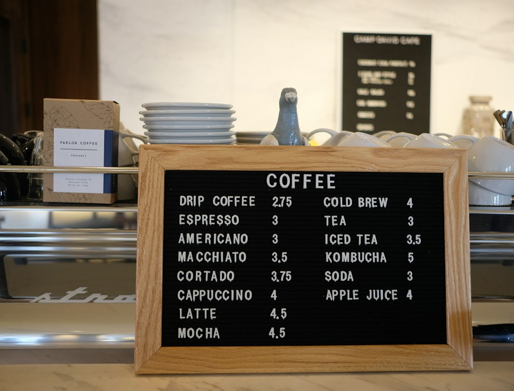 A coffee shop price board