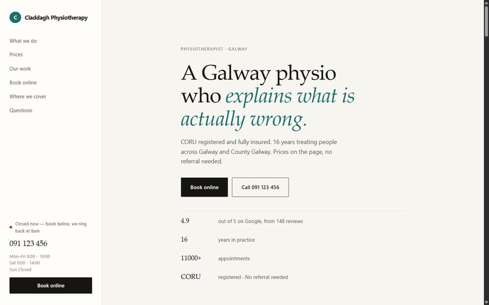 The top of the claddaghphysio.ie site